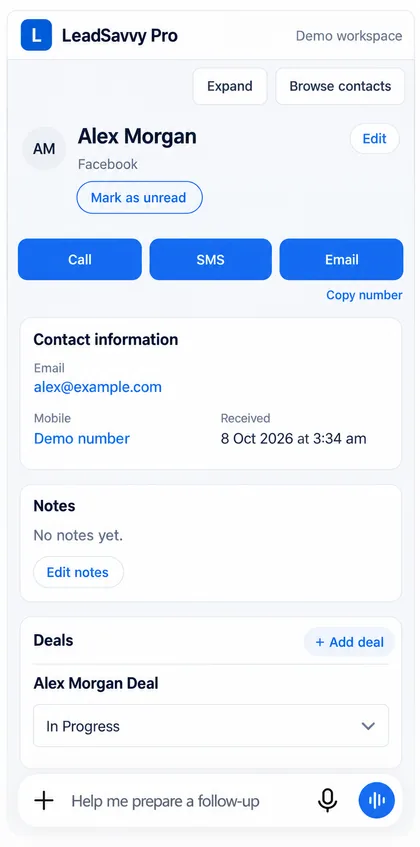 Anonymised LeadSavvy Pro contact preview showing Alex Morgan, notes, deal stage and an illustrative unsent follow-up prompt in ChatGPT.