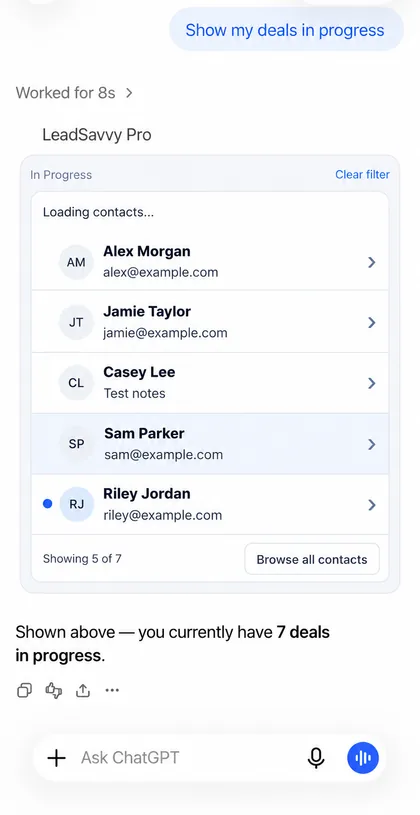 LeadSavvy Pro deal list in ChatGPT showing example contacts Alex Morgan, Jamie Taylor and Casey Lee.