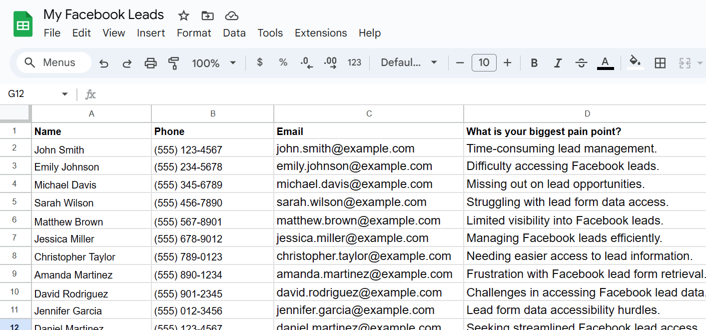 Facebook leads exported to a Google Sheet