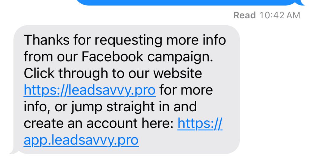 Personalized SMS confirmation sent to a Facebook lead