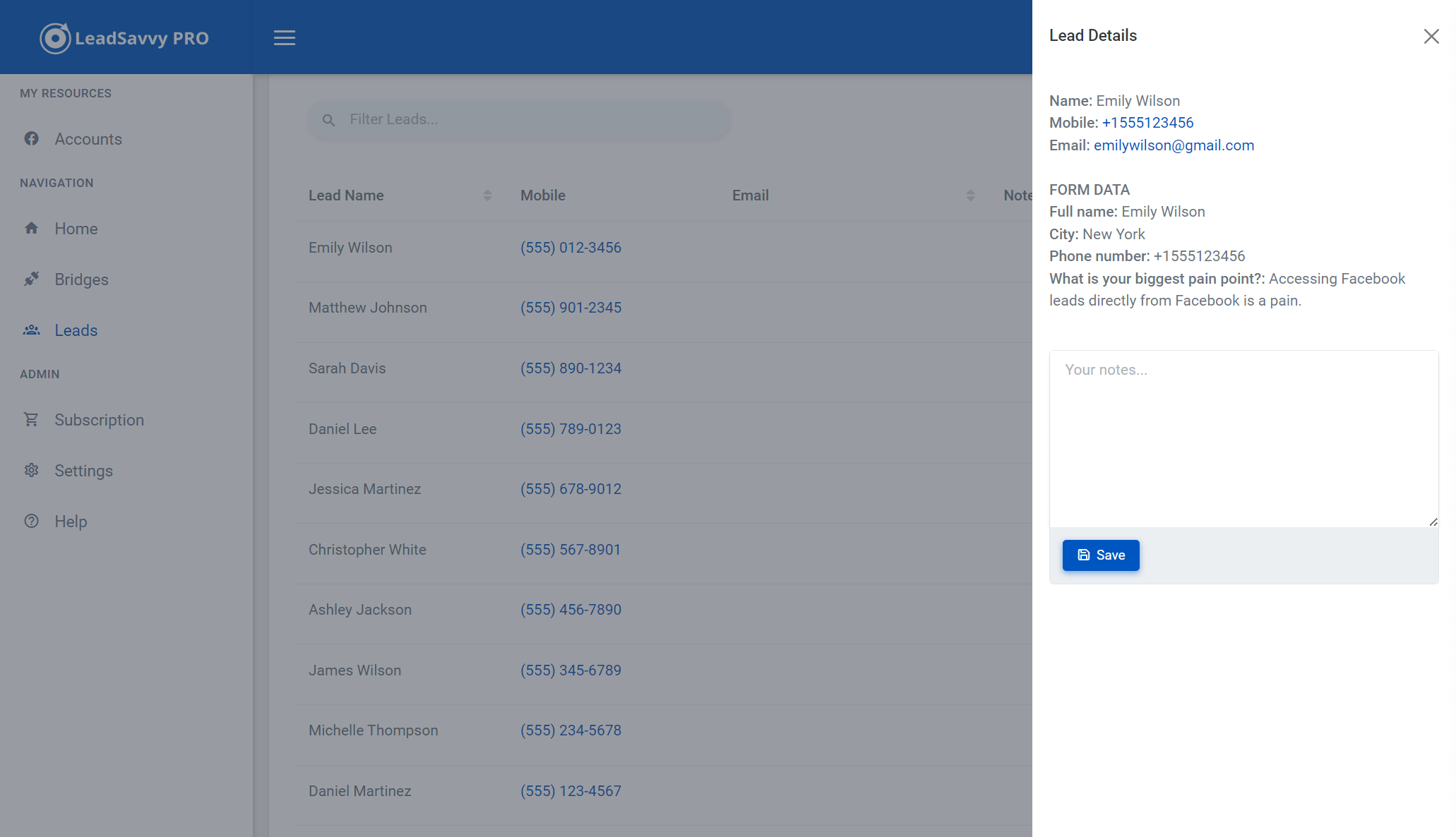 LeadSavvy Pro LeadViewer displaying Facebook lead details
