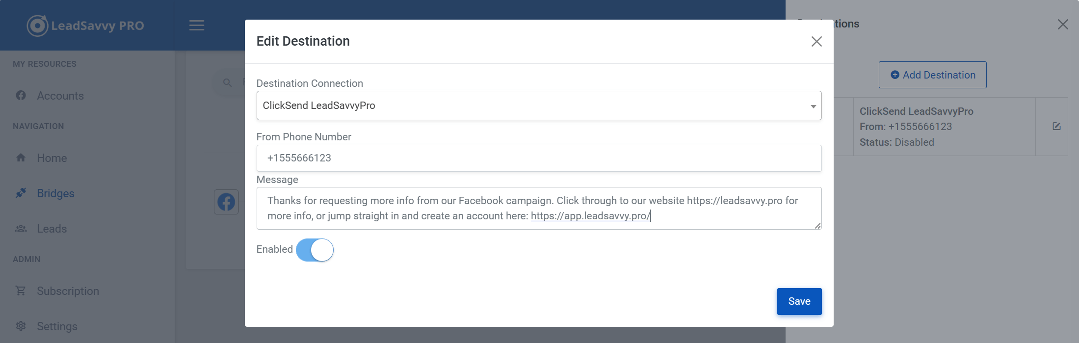 LeadSavvy Pro SMS destination configuration