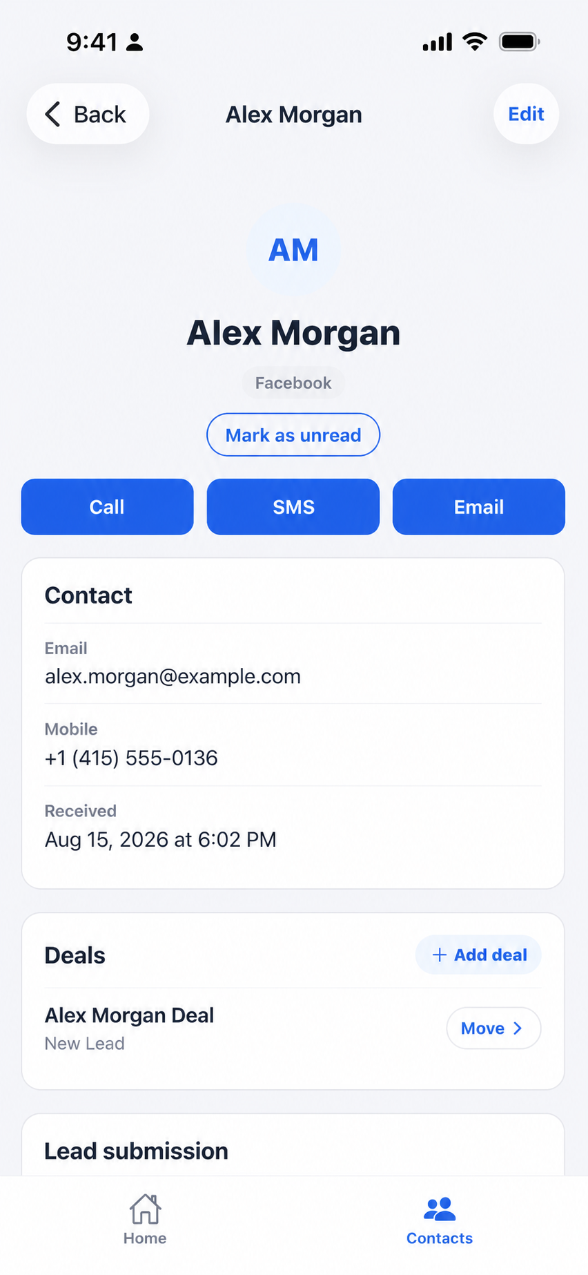 LeadSavvy Pro iPhone contact details with call, SMS, email, and deal actions