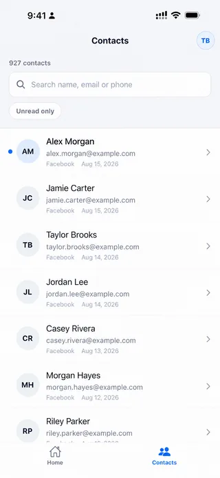 Searchable Facebook lead contact list in the LeadSavvy Pro iPhone app