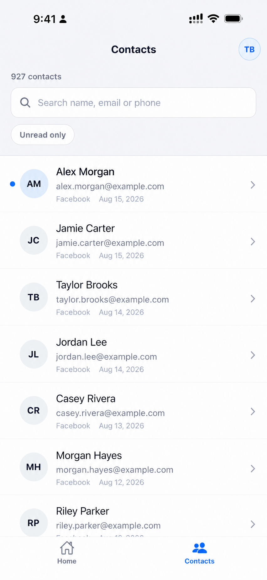 Searchable Facebook lead contact list in the LeadSavvy Pro iPhone app