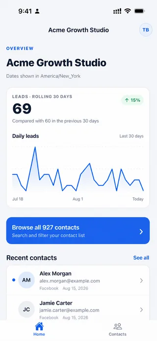 LeadSavvy Pro iPhone dashboard for managing Facebook leads