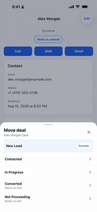 Moving a Facebook lead deal between pipeline stages in the LeadSavvy Pro iPhone app