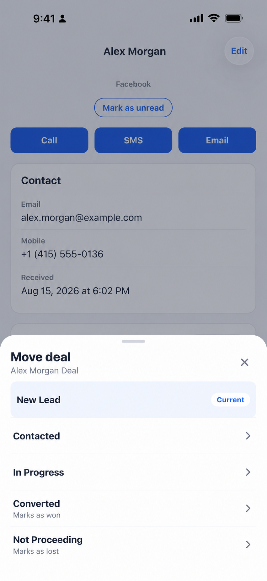 Moving a Facebook lead deal between pipeline stages in the LeadSavvy Pro iPhone app