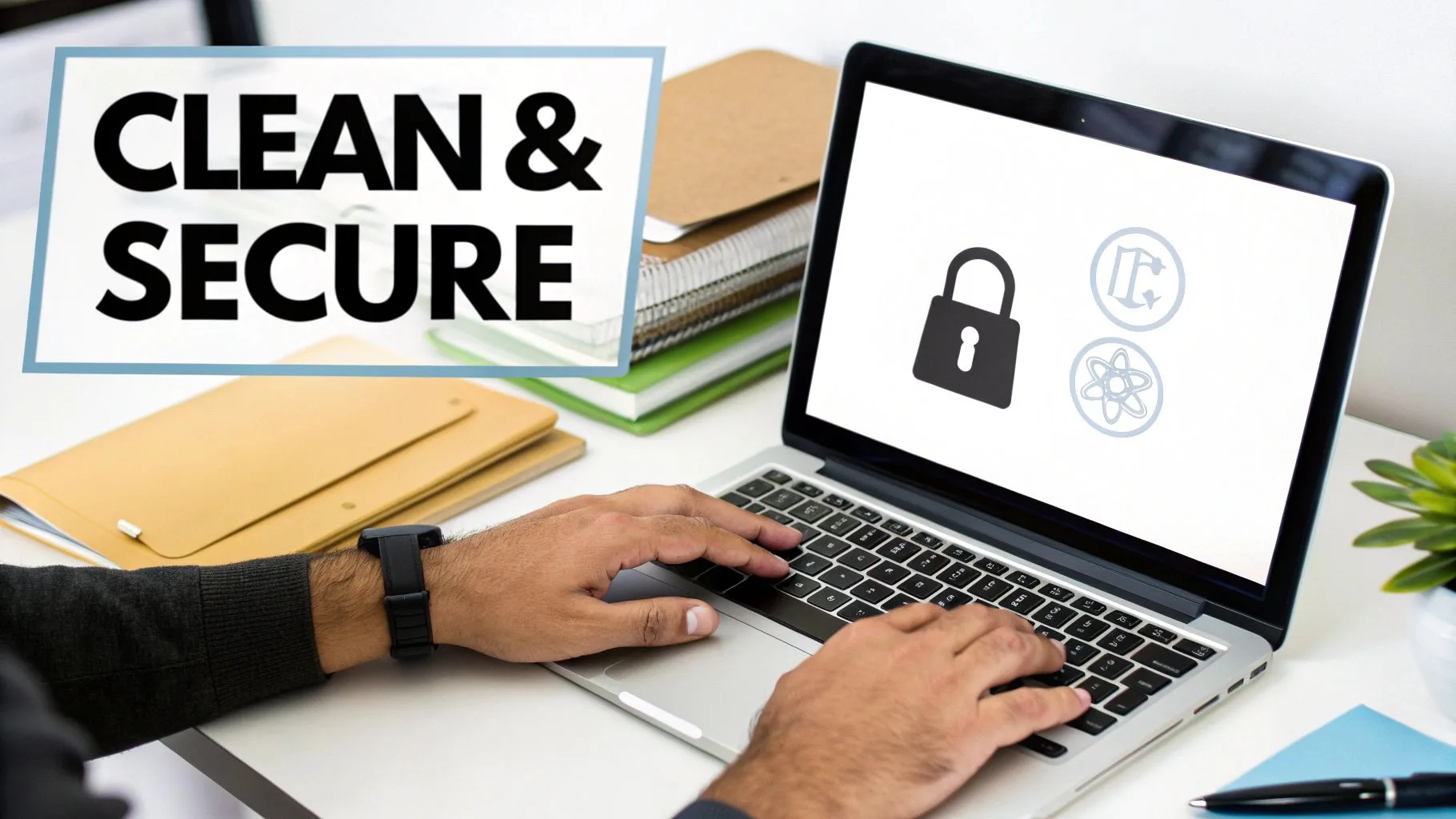 Person typing on laptop with padlock icon and clean secure text representing data security