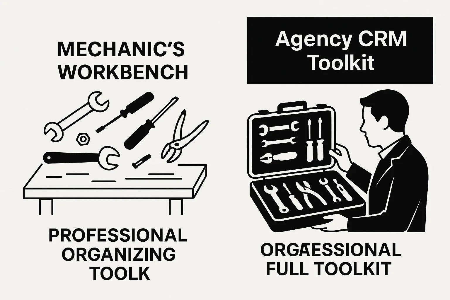 Infographic showing scattered tools versus an organized CRM toolkit for agencies.
