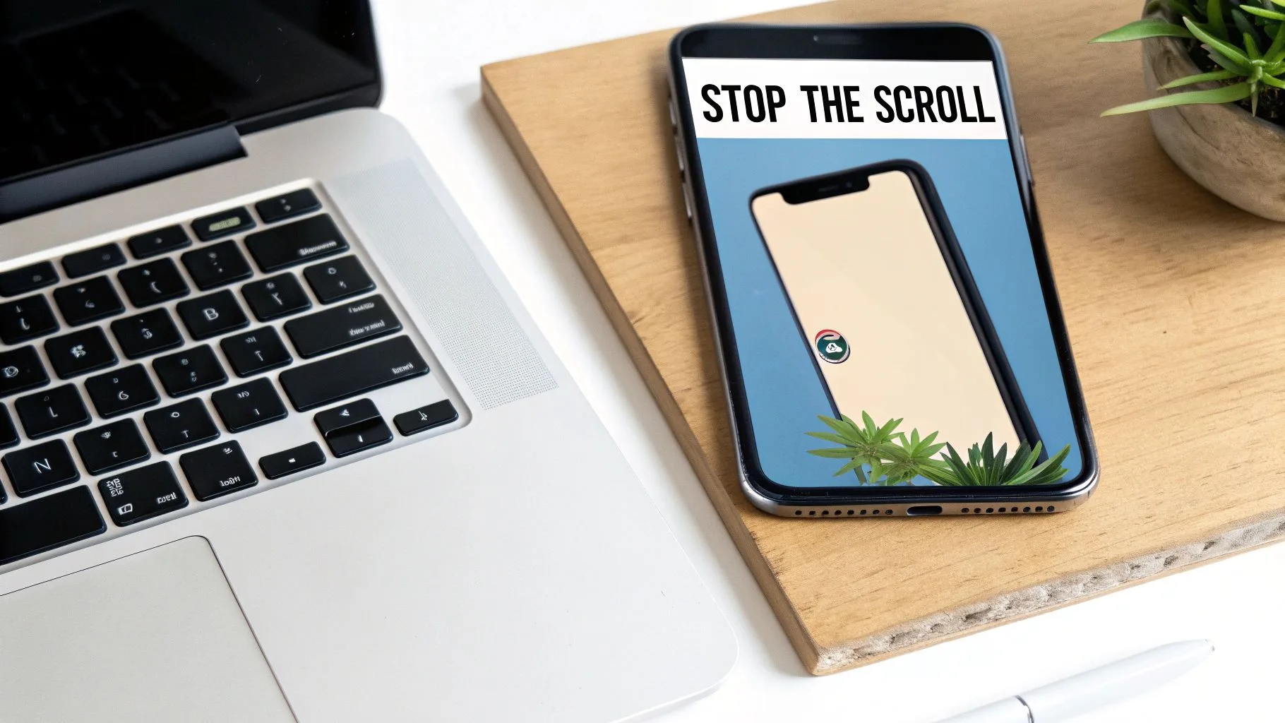 A smartphone displaying "STOP THE SCROLL" on its screen, placed on a wooden board next to a laptop.