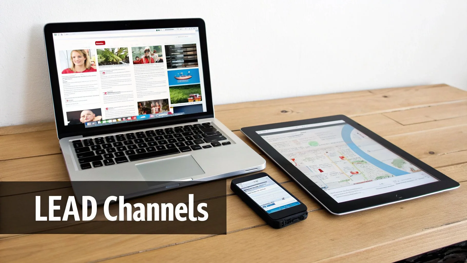 Multiple digital devices: a laptop, tablet, and smartphone on a wooden desk, illustrating various lead generation channels.