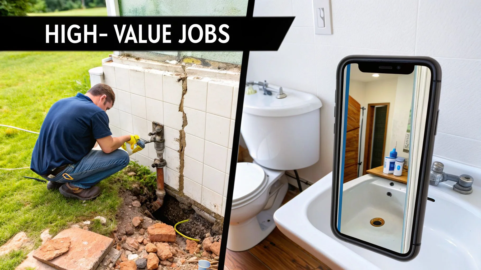 A split image shows a plumber repairing an outdoor pipe and a smartphone displaying a modern bathroom.