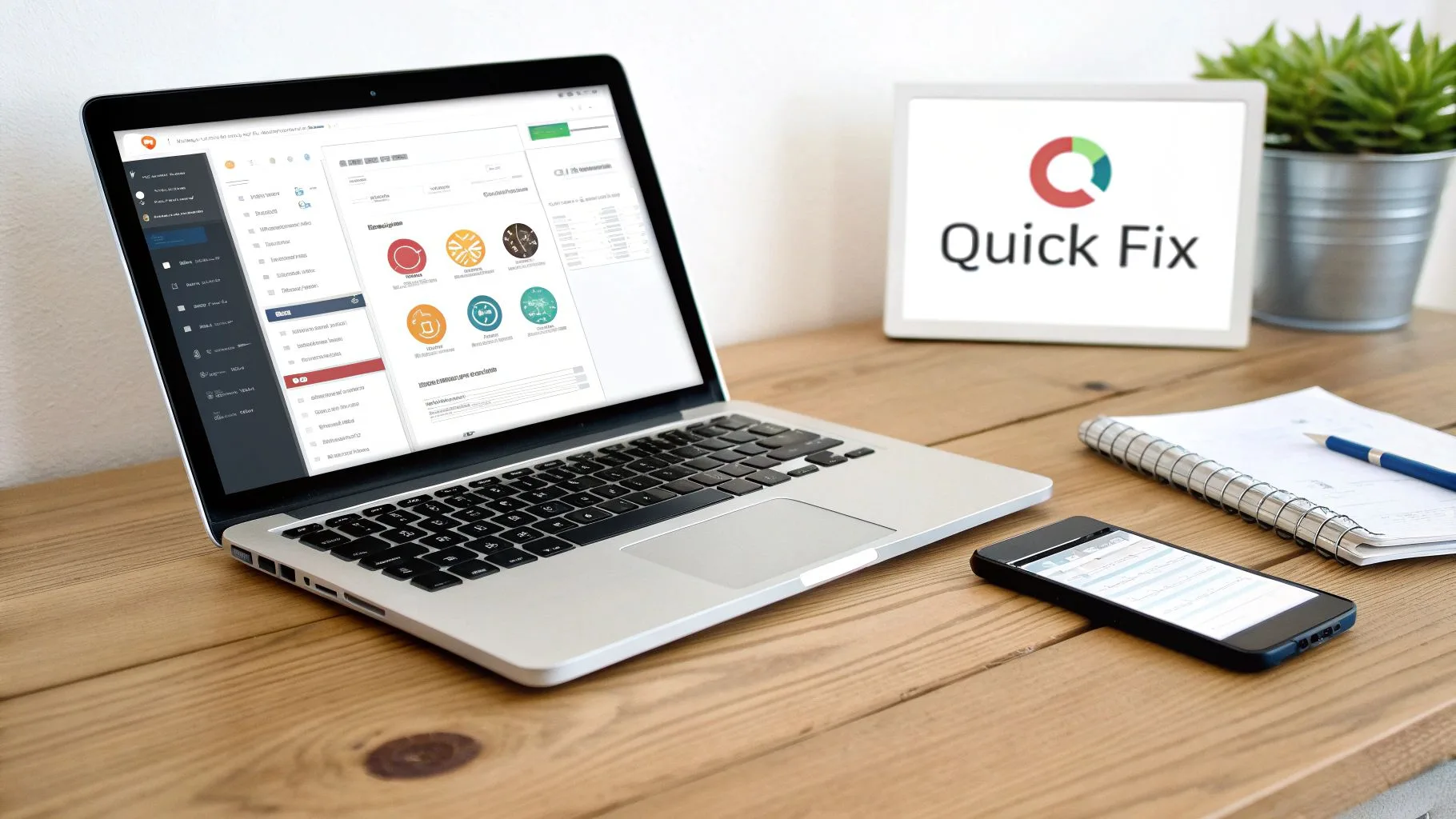 A wooden desk with a laptop, smartphone, notebook, pen, and a 'Quick Fix' display.
