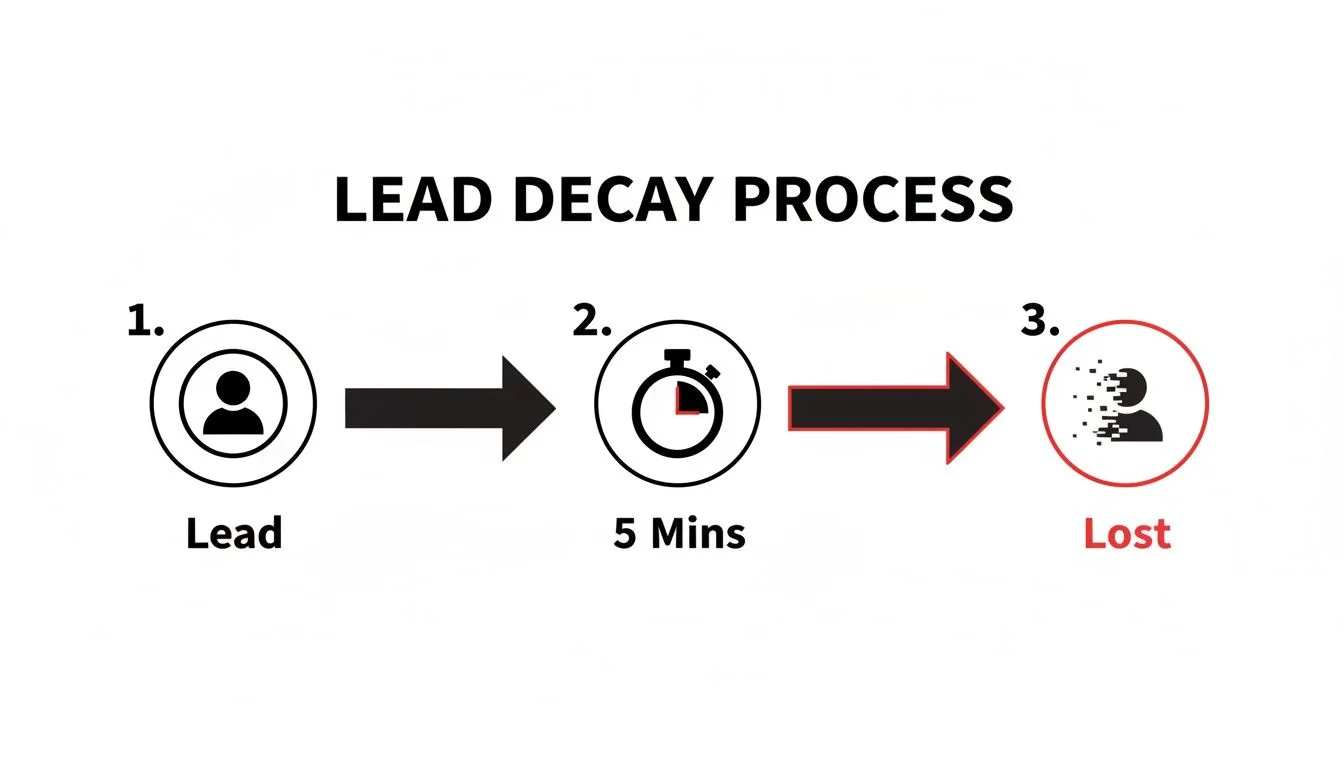 A diagram illustrating the lead decay process, showing a lead becoming lost after 5 minutes.