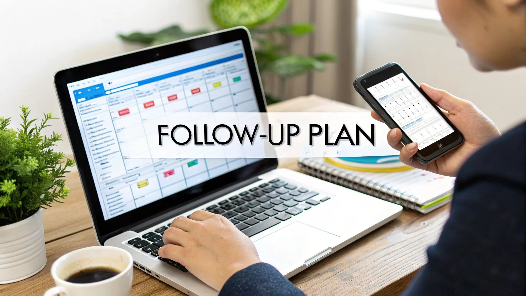 A person uses a laptop and phone, displaying a 'FOLLOW-UP PLAN' banner, for task management.