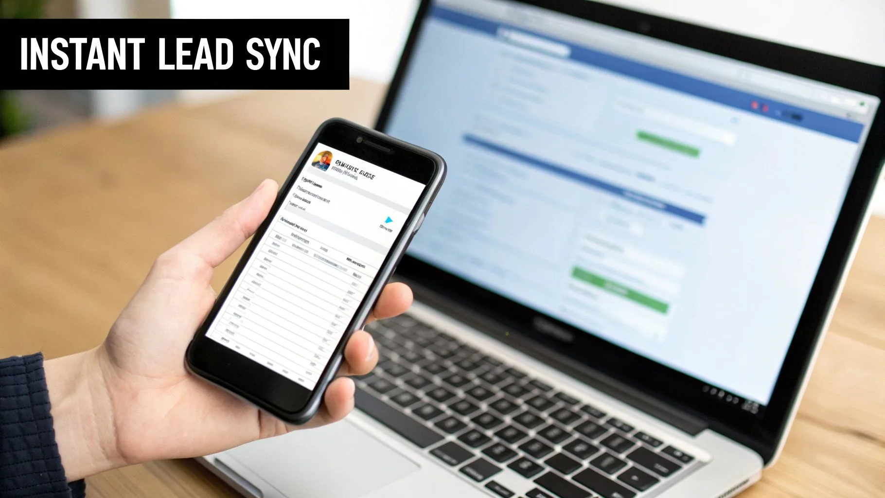 A hand holds a smartphone displaying lead data, with a laptop showing a social media page, highlighting instant lead synchronization.