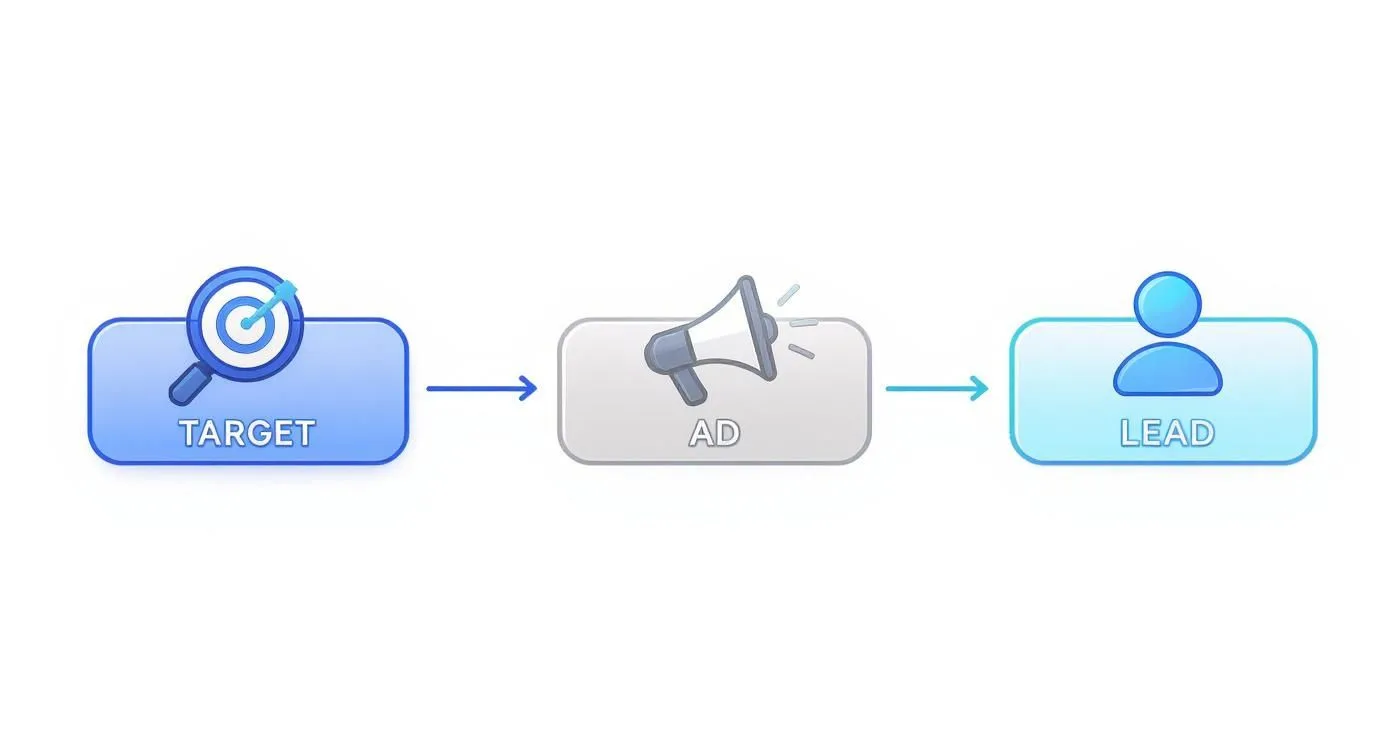 Marketing funnel diagram showing target audience to advertisement to lead generation process flow