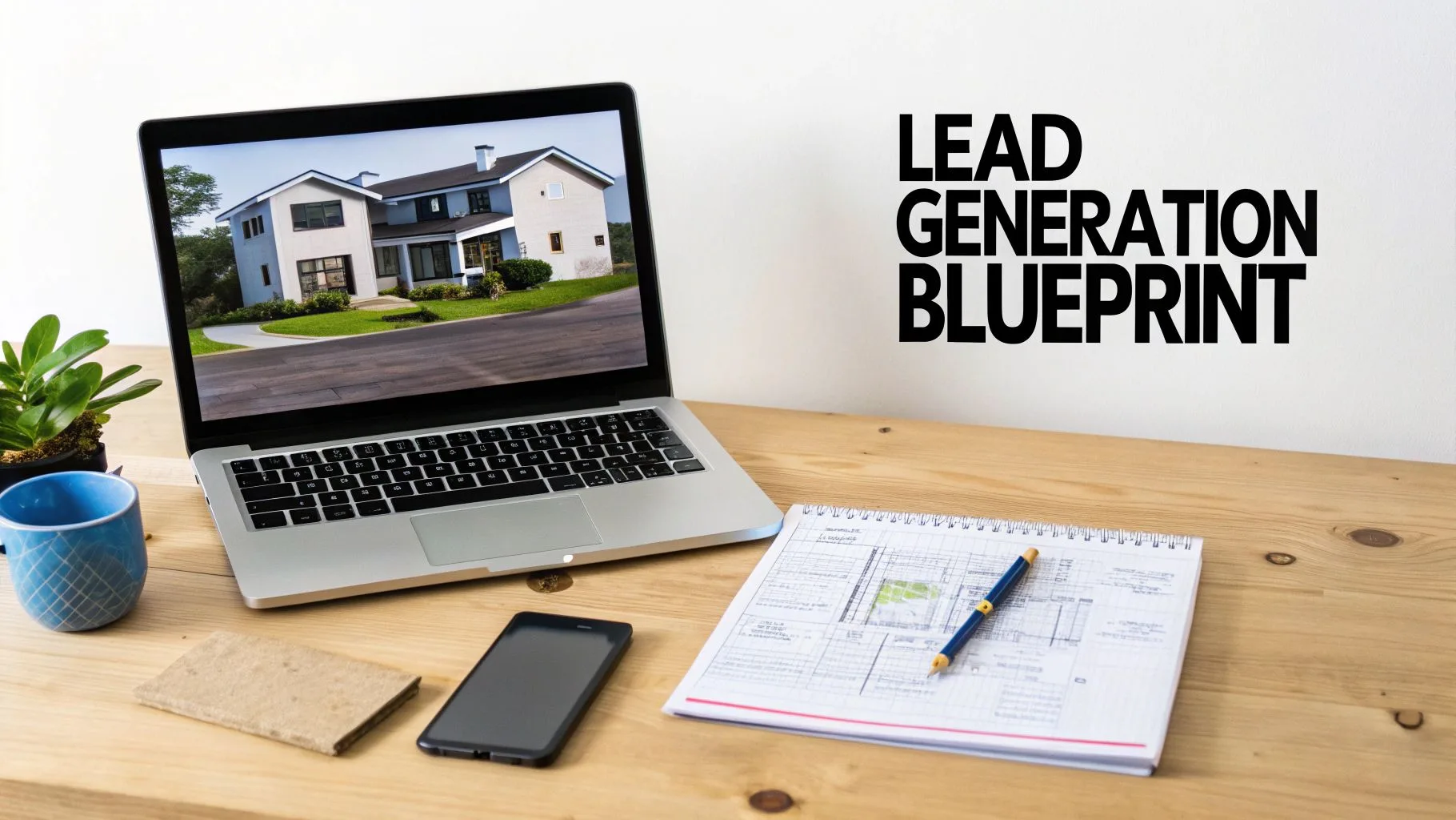 A modern office setting with a laptop showing real estate listings, symbolizing lead generation.