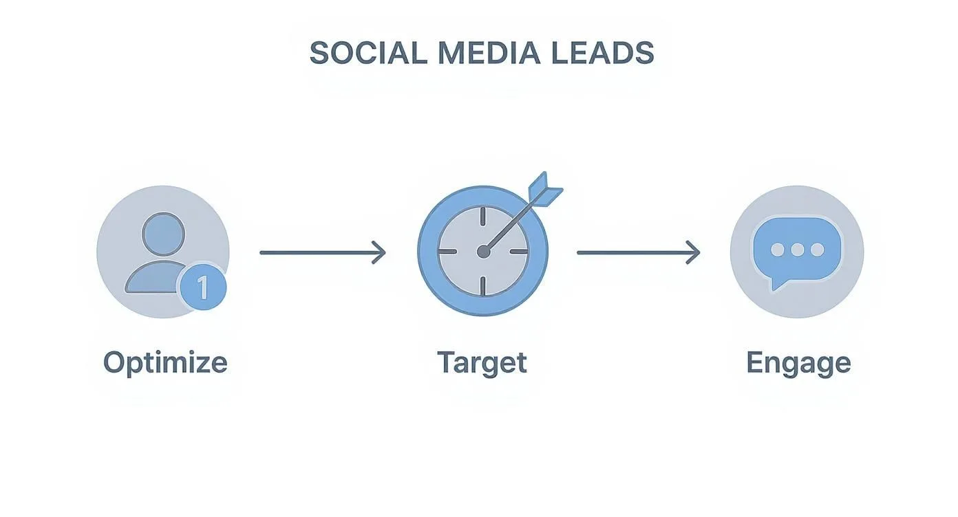 Infographic showing a three-step process for social media leads: Optimize profile, Target audience, and Engage with content.