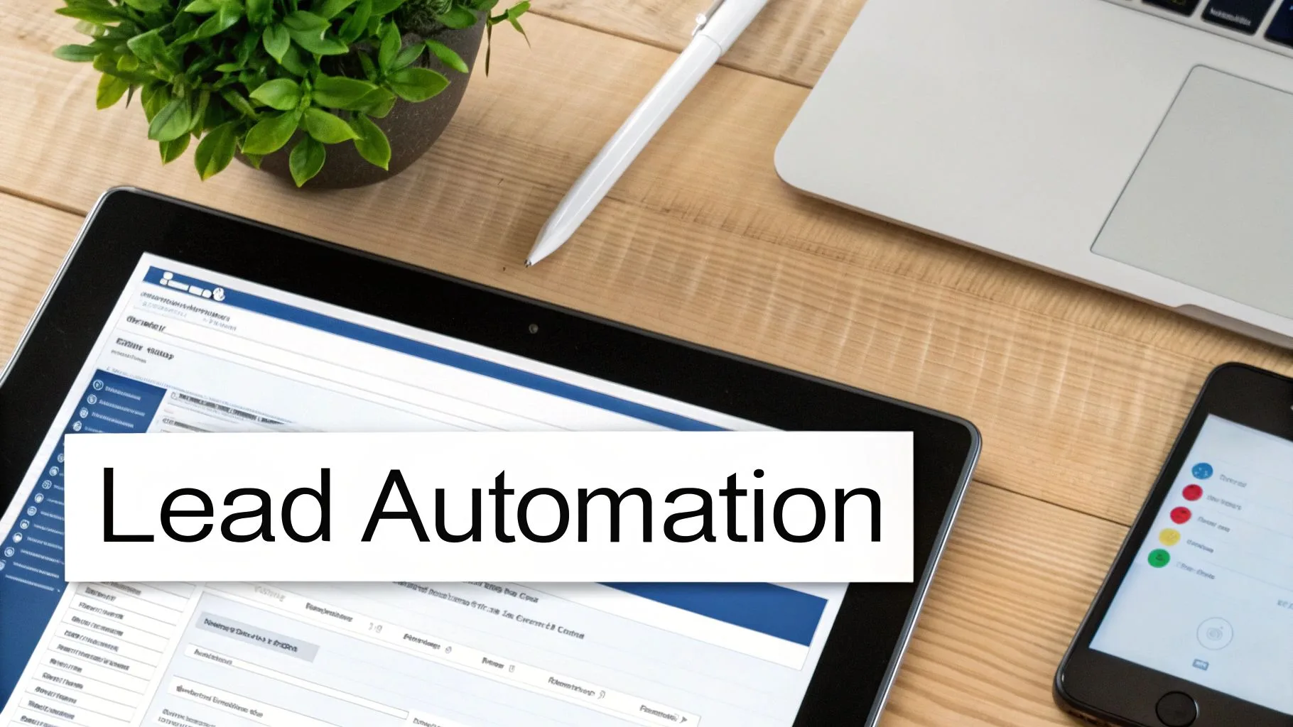 Overhead view of a tablet displaying 'Lead Automation' text on a wooden desk with a laptop and smartphone.