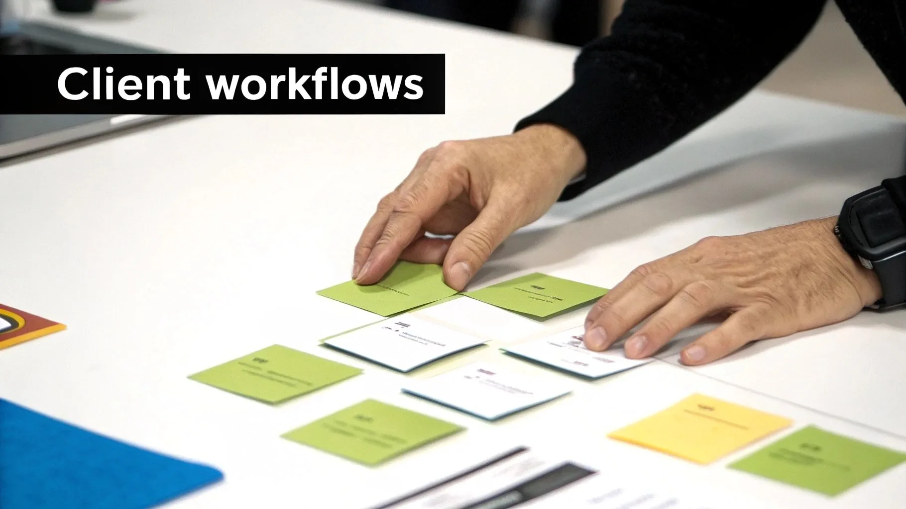 Hands arrange green and white cards on a white table, illustrating client workflow planning and design.