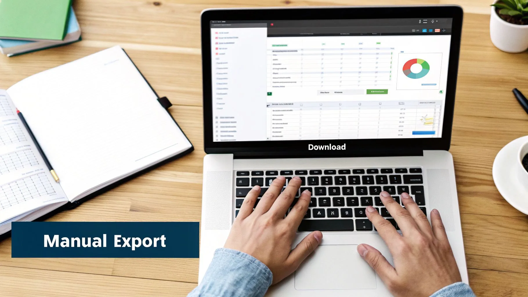 Hands typing on a laptop, manually exporting data from a screen displaying charts and tables.