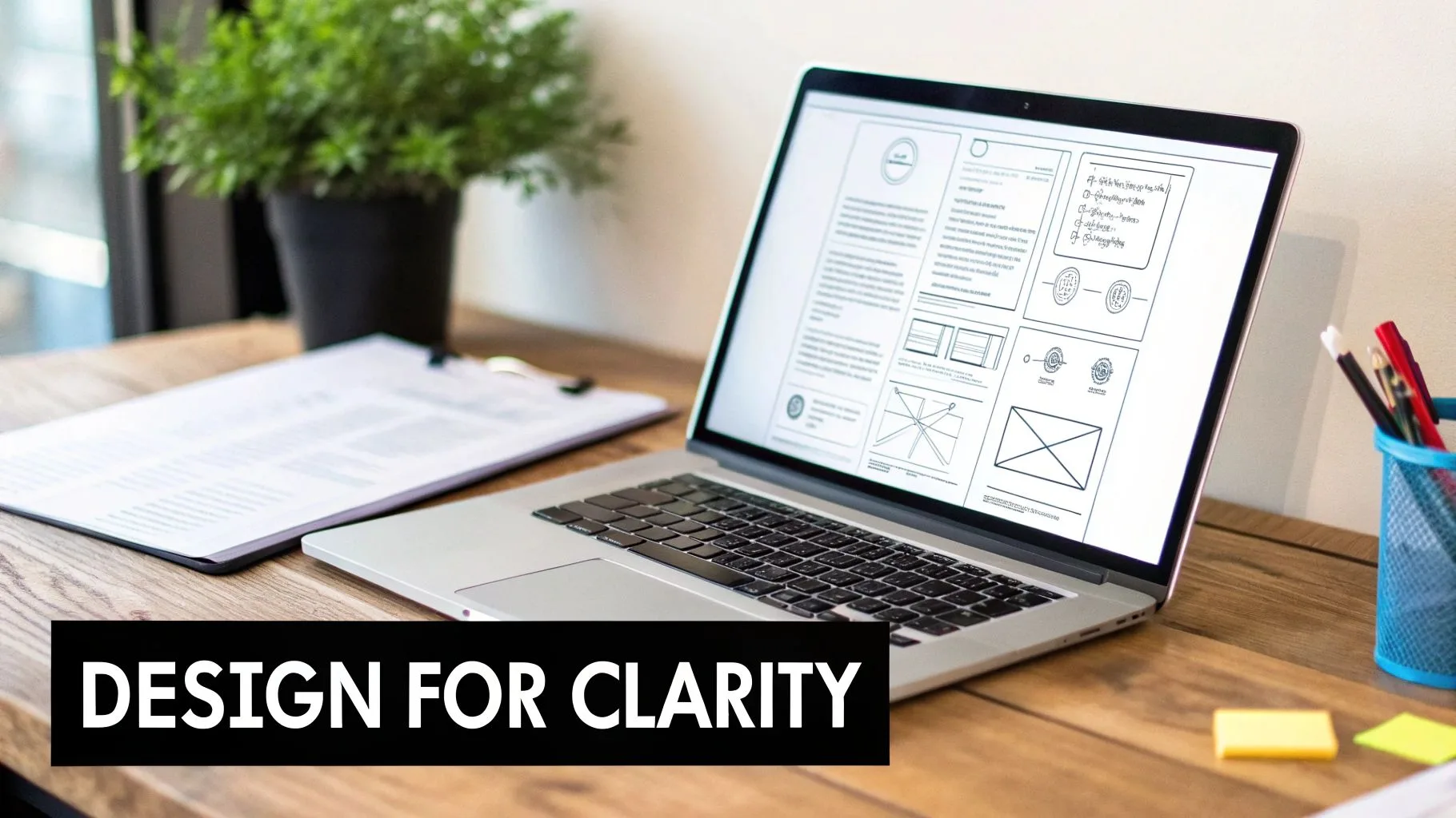 A laptop on a wooden desk displays design wireframes, next to a clipboard, plant, and pens.