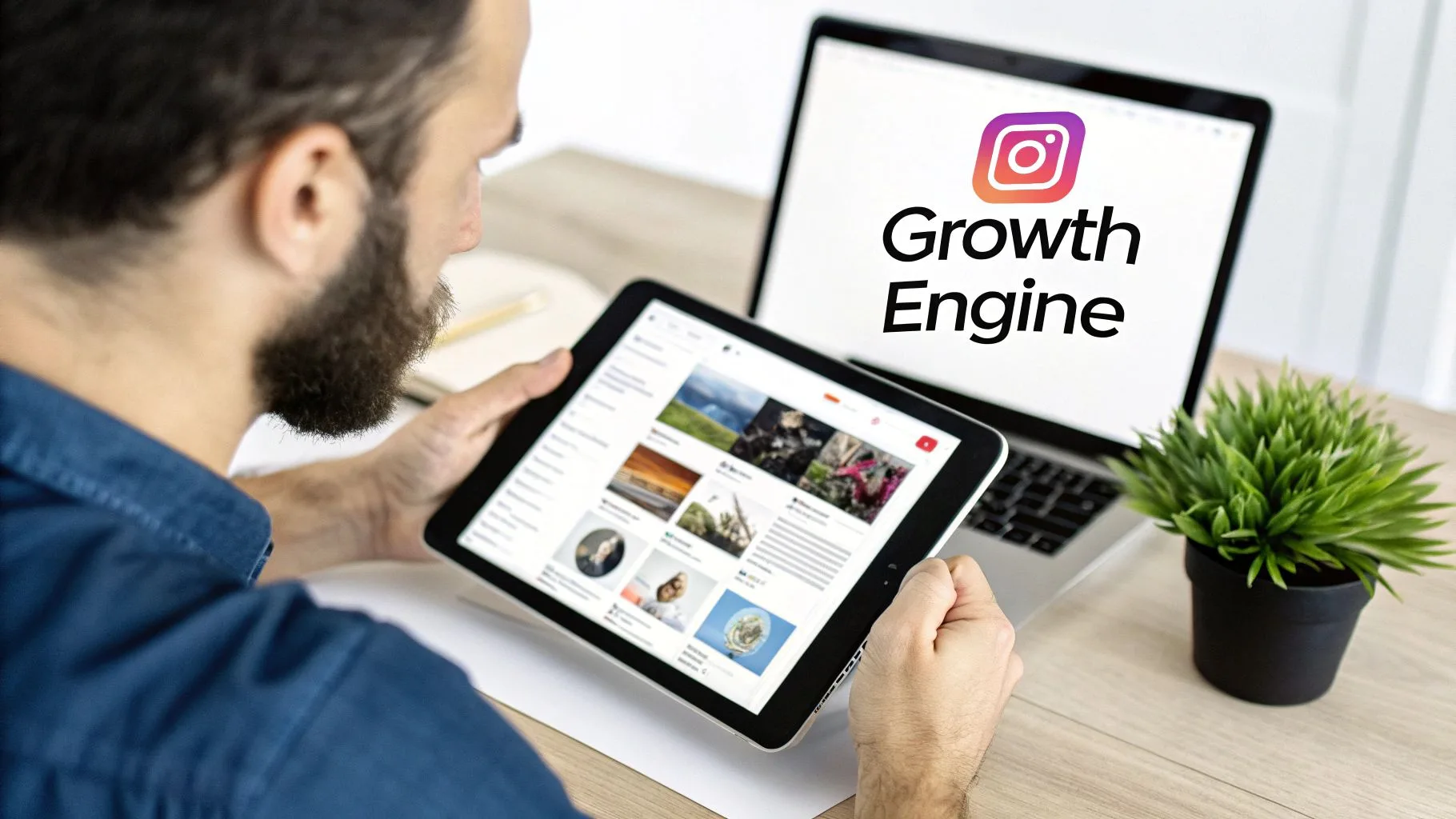 A bearded man views a tablet displaying social media feeds, next to a laptop showing 'Instagram Growth Engine'.