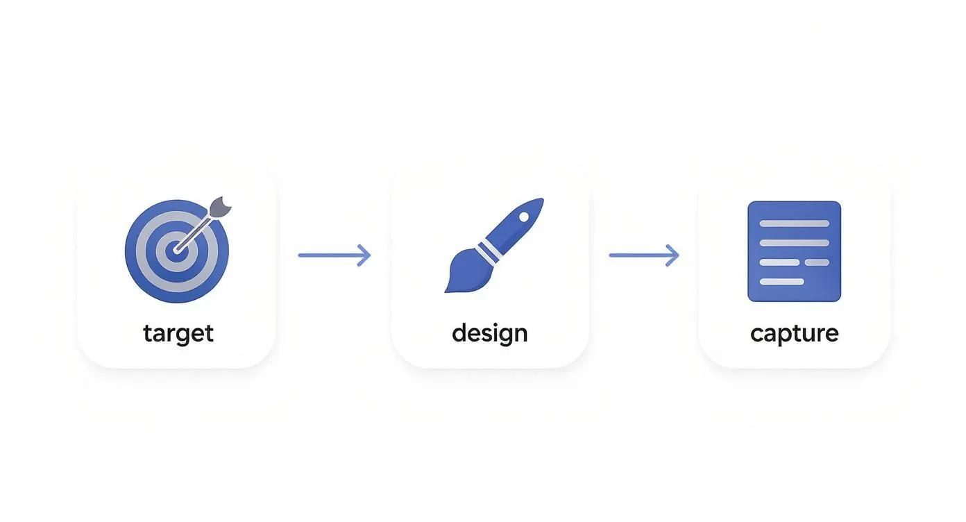 Infographic showing a 3-step process flow for Facebook Ads: Target, Design, and Capture, represented by simple icons.
