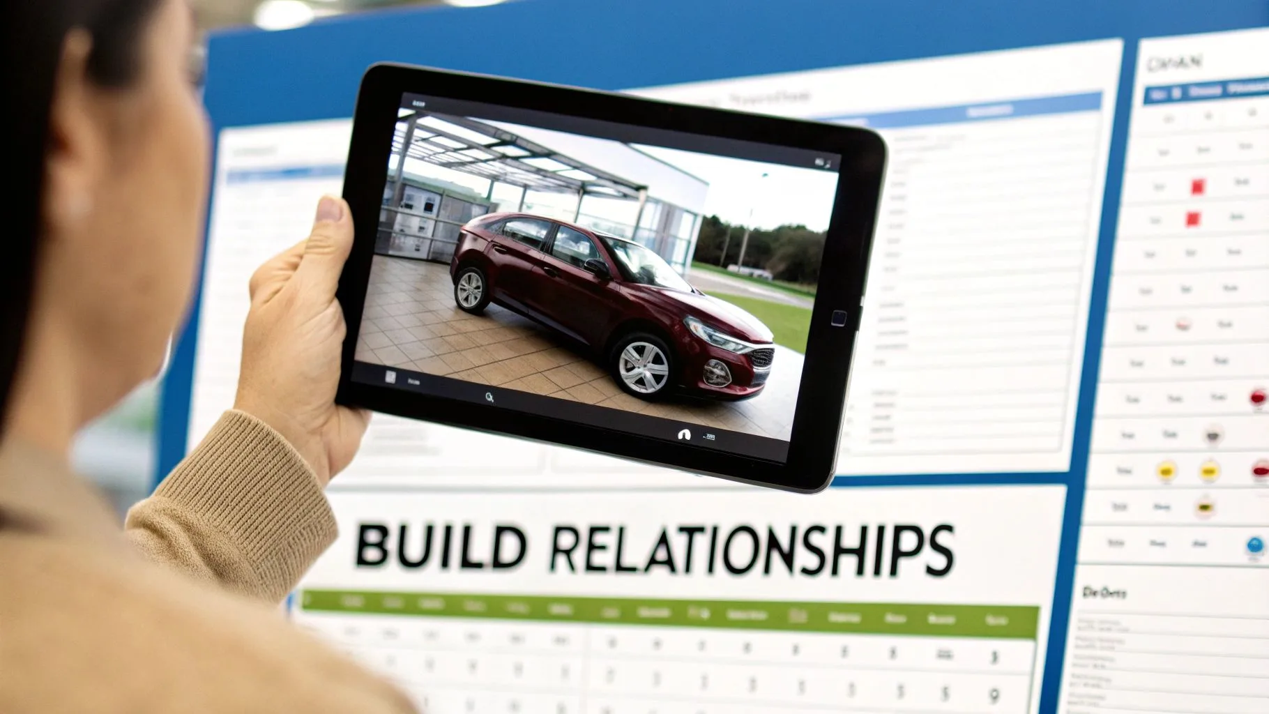 A friendly car salesperson handing keys to a happy customer next to a new car in a dealership.