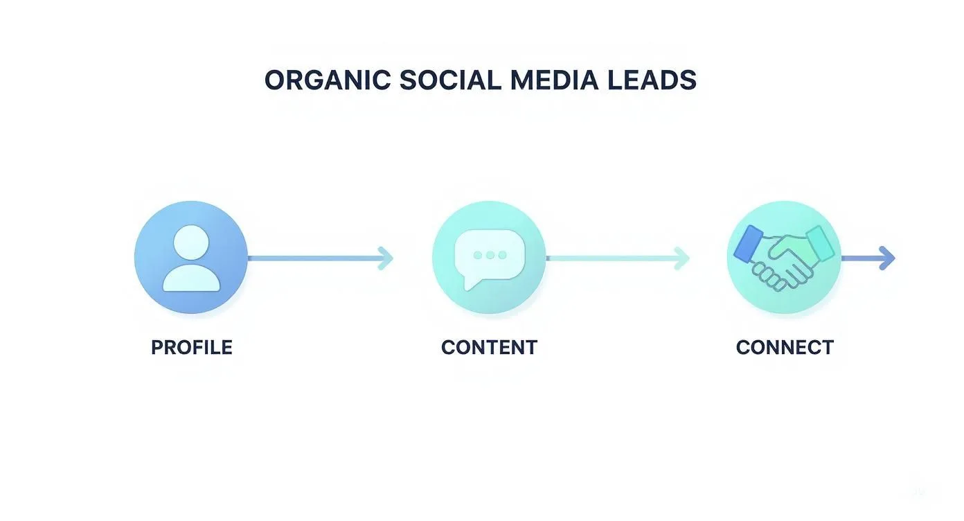 An infographic showing the process flow of organic social media leads, starting with a Profile icon, moving to a Content icon, and ending with a Connect icon.