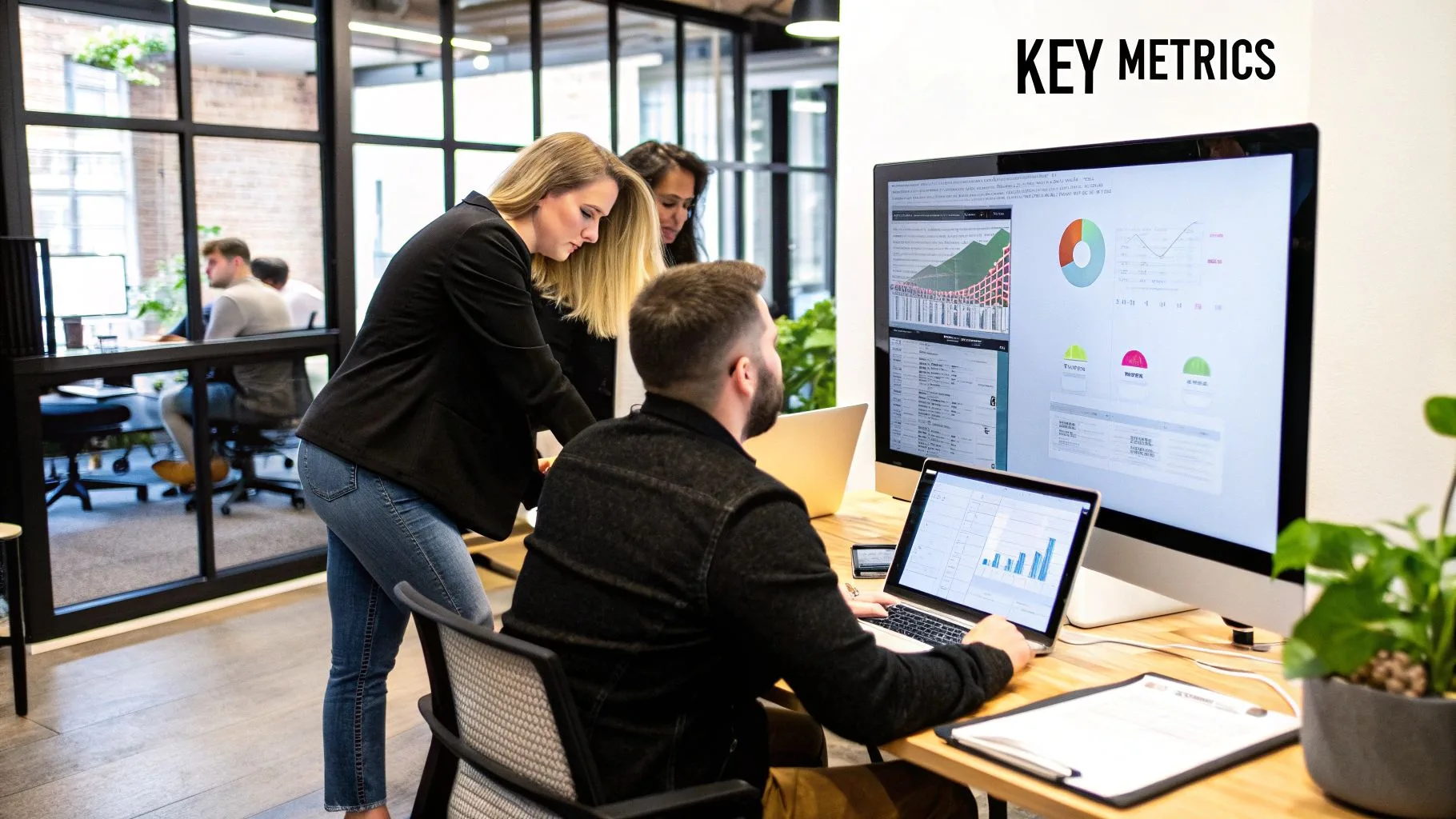 A person analyzing a chart showing growth, representing the measurement of top-of-funnel metrics.
