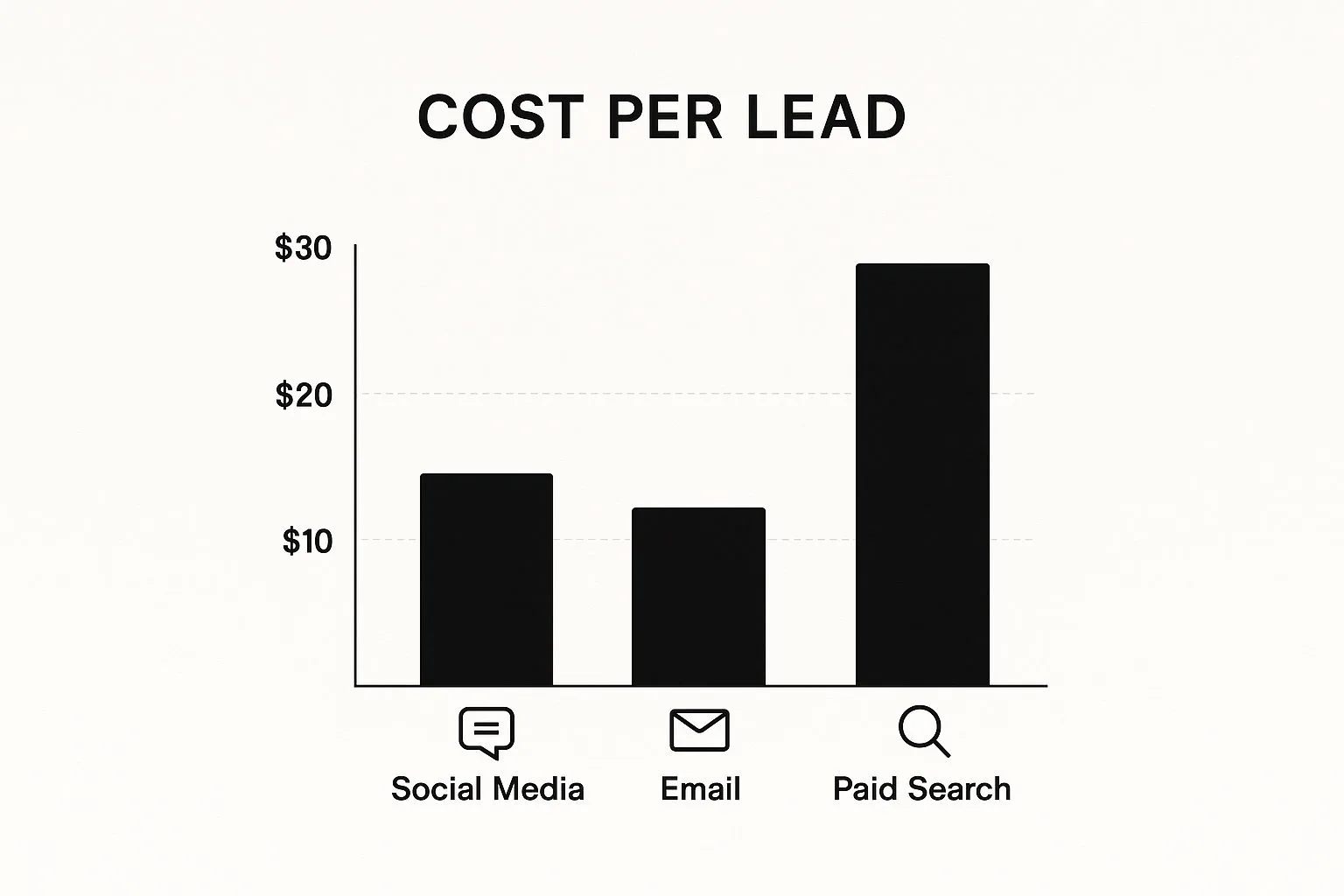 Infographic comparing cost per lead for Social Media ($20), Email ($10), and Paid Search ($30).