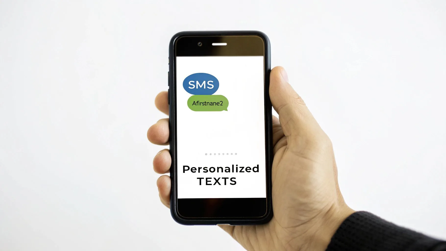 A hand holds a smartphone displaying chat bubbles with 'SMS' and 'Afirstname2', and 'Personalized TEXTS' on the screen.