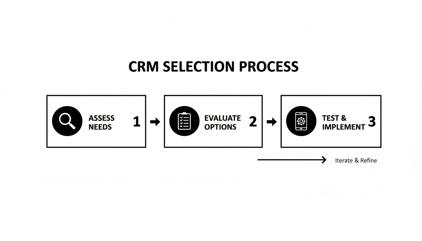 Flowchart illustrating the CRM selection process with steps: Assess Needs, Evaluate Options, Test & Implement, and Iterate & Refine.