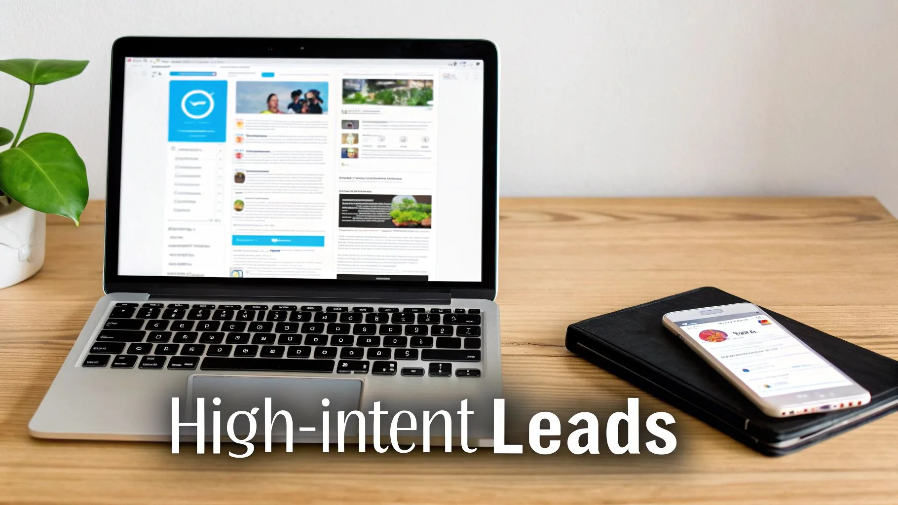 A laptop displays a social media feed with profiles, next to a plant and a smartphone on a wooden desk with 'High-intent Leads' text.