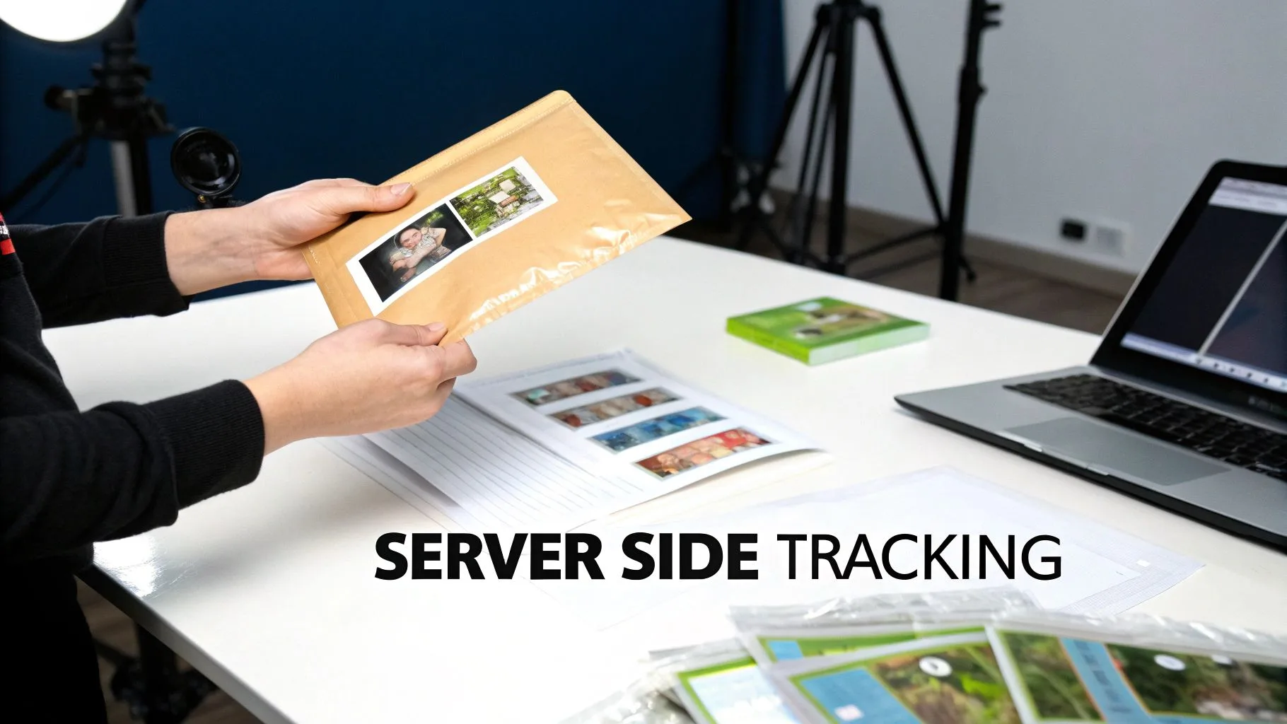 A person's hands holding a padded envelope with attached photos, surrounded by a laptop and documents on a white desk.