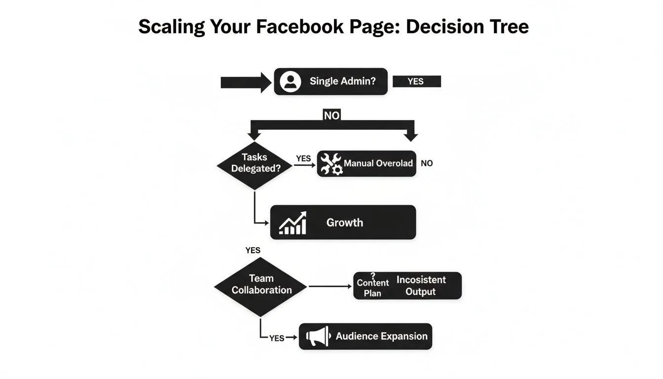 Flowchart for scaling a Facebook page, addressing single admin, task delegation, growth, and team collaboration.