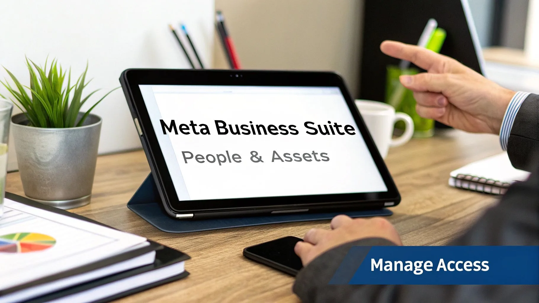 A person's hands interact with a tablet displaying "Meta Business Suite" and a smartphone on a desk with business documents.