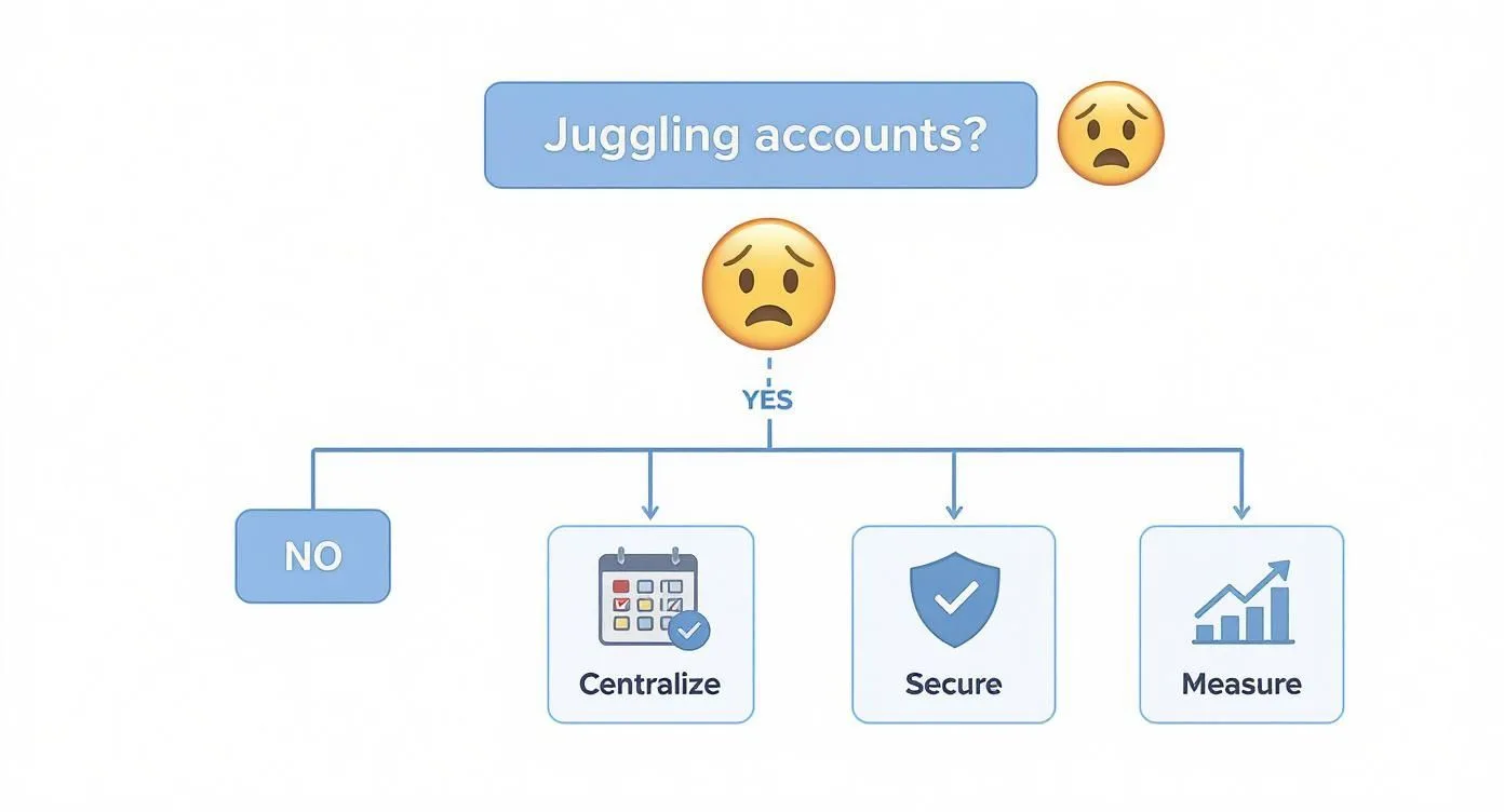 Flowchart showing decision tree for managing multiple social media accounts with centralize, secure, and measure options