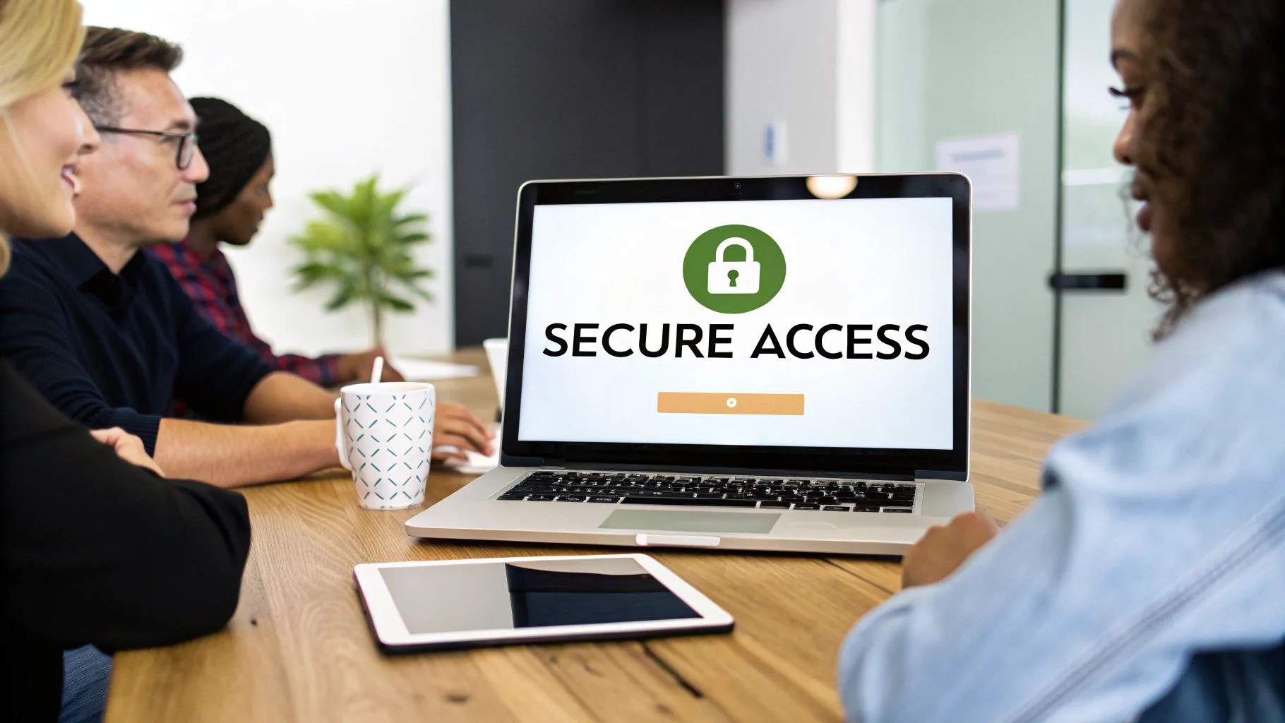 Business team in office meeting viewing secure access login screen on laptop computer