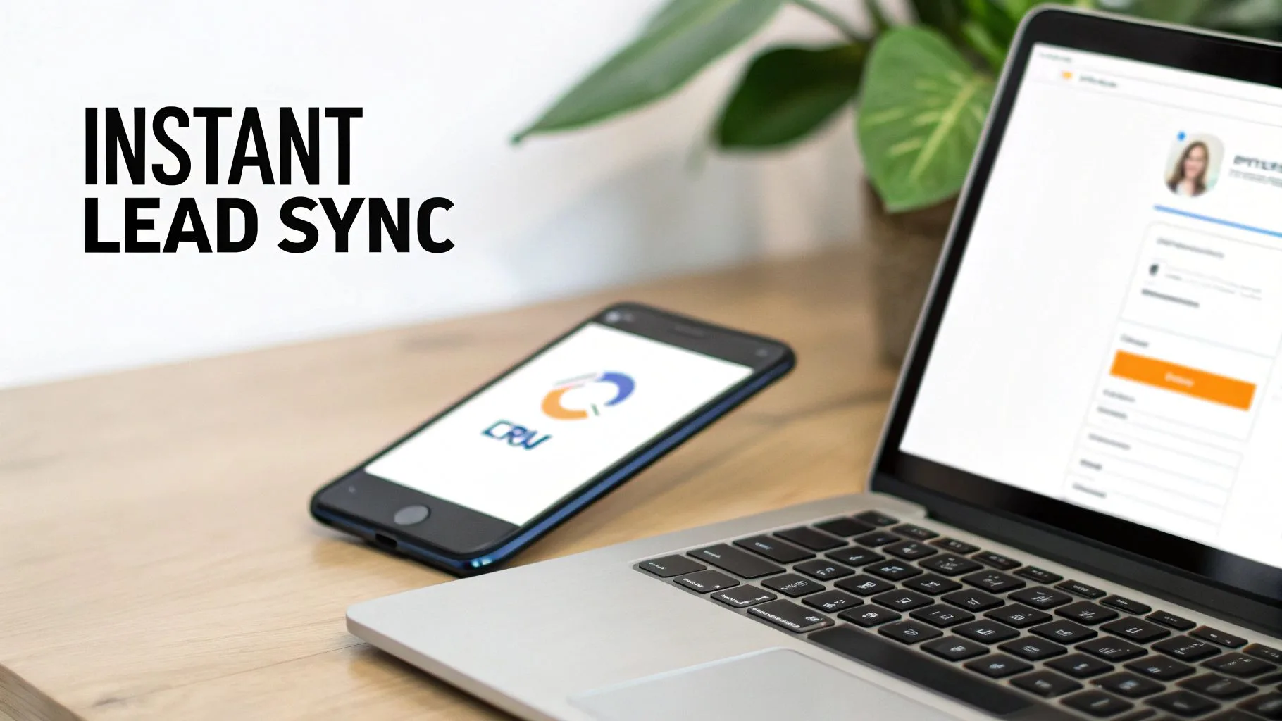 A laptop and smartphone on a desk, displaying instant lead sync for marketing.
