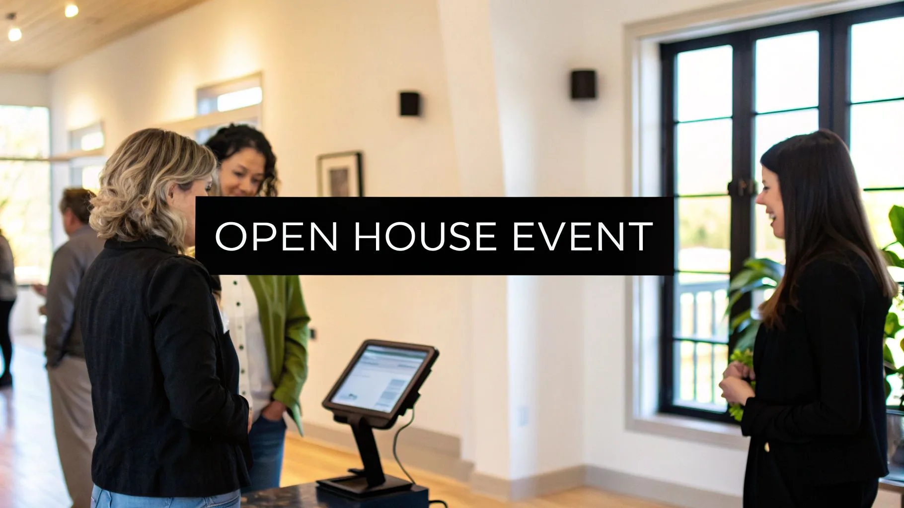 An agent shaking hands with a visitor at a modern open house