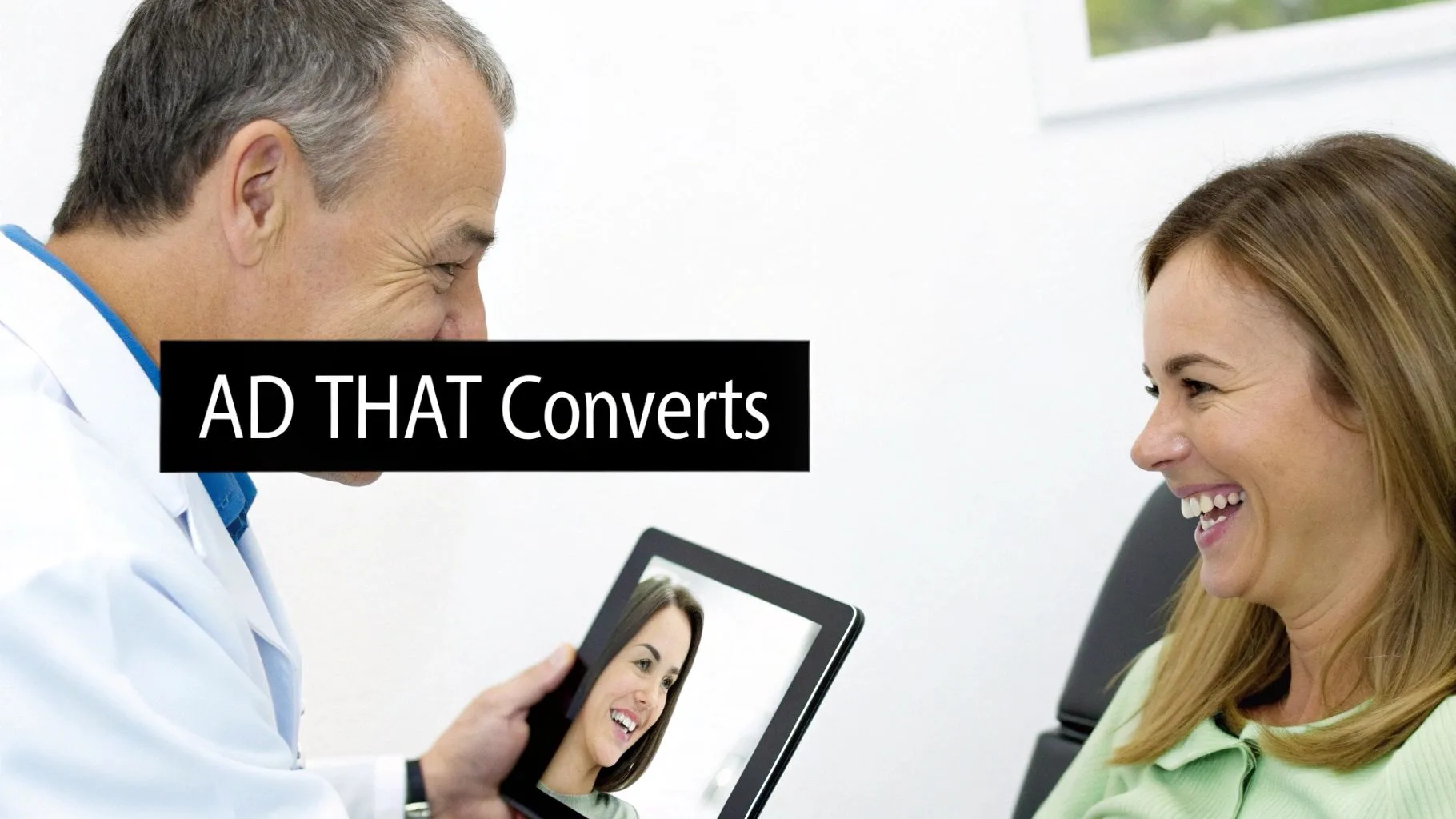 A doctor shows a smiling female patient her reflection on a tablet, with text 'AD THAT Converts'.