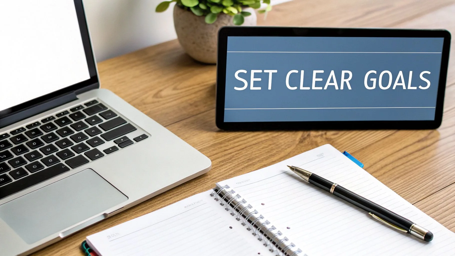 A workspace with a laptop, a tablet displaying 'SET CLEAR GOALS', a notebook, and a pen.