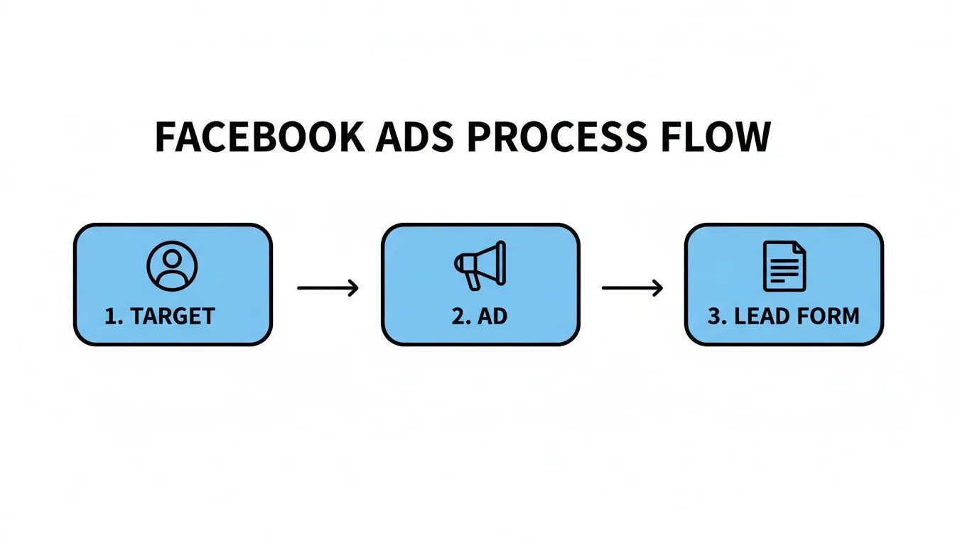 A flowchart showing the Facebook Ads process: Target audience, creating an Ad, and utilizing a Lead Form.