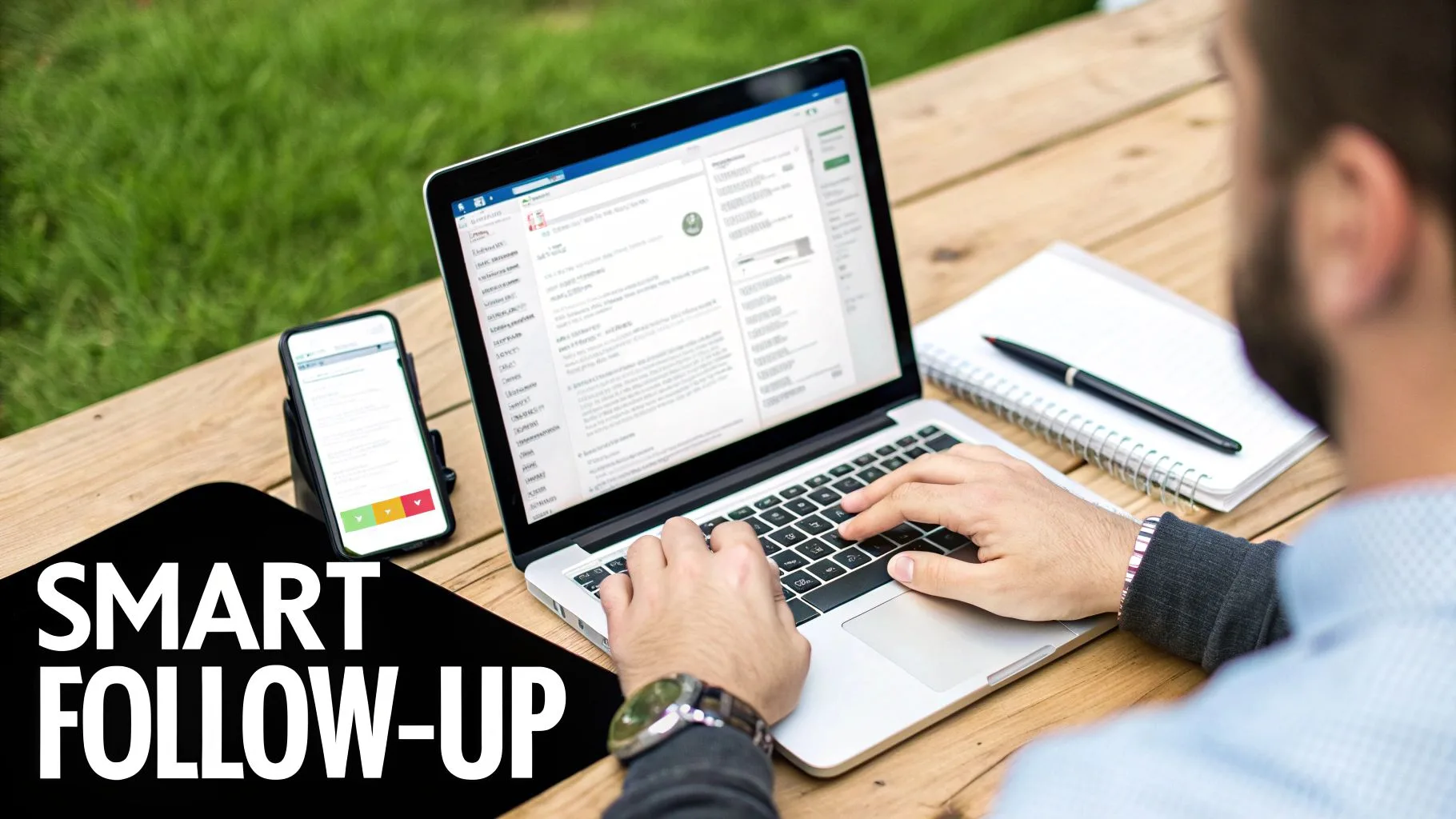 Person typing on a laptop outdoors, with a smartphone and notebook, highlighting smart follow-up.