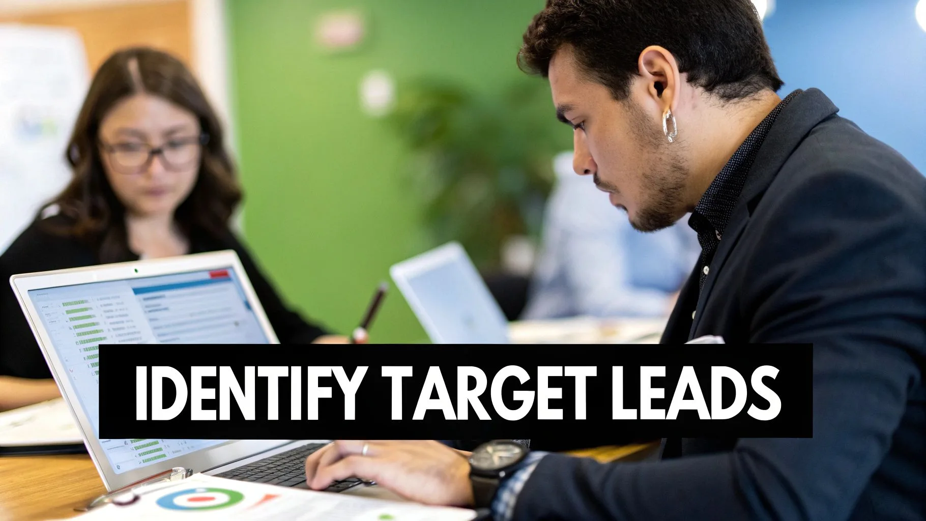 A sales representative analyzes a chart showing lead conversion rates on a transparent screen.