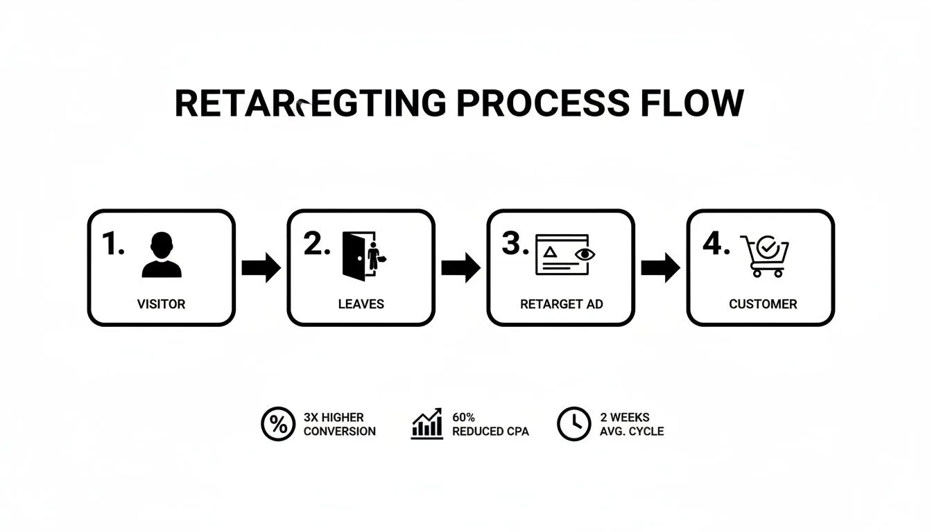 Flowchart showing the retargeting process from visitor to customer, highlighting benefits.